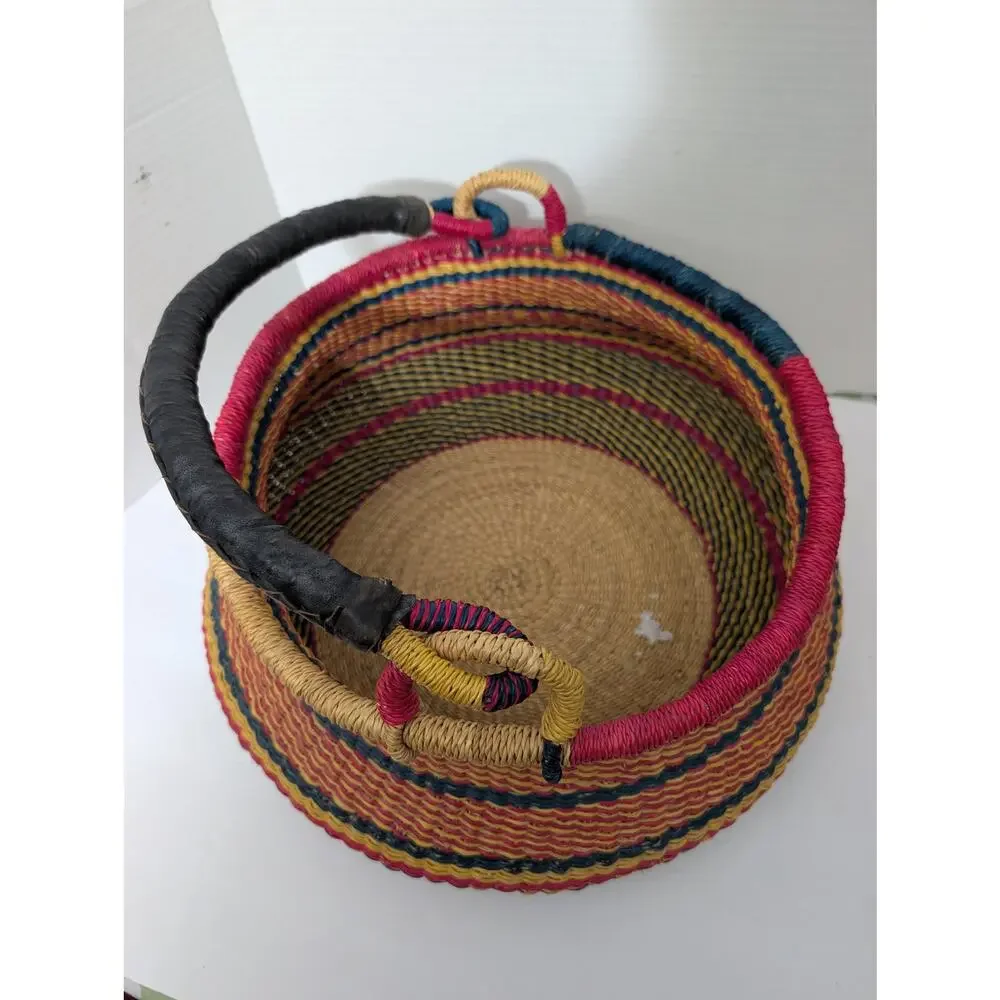 Vintage African Bolga Market Basket, Colorful Woven Ghana Shopping Tote